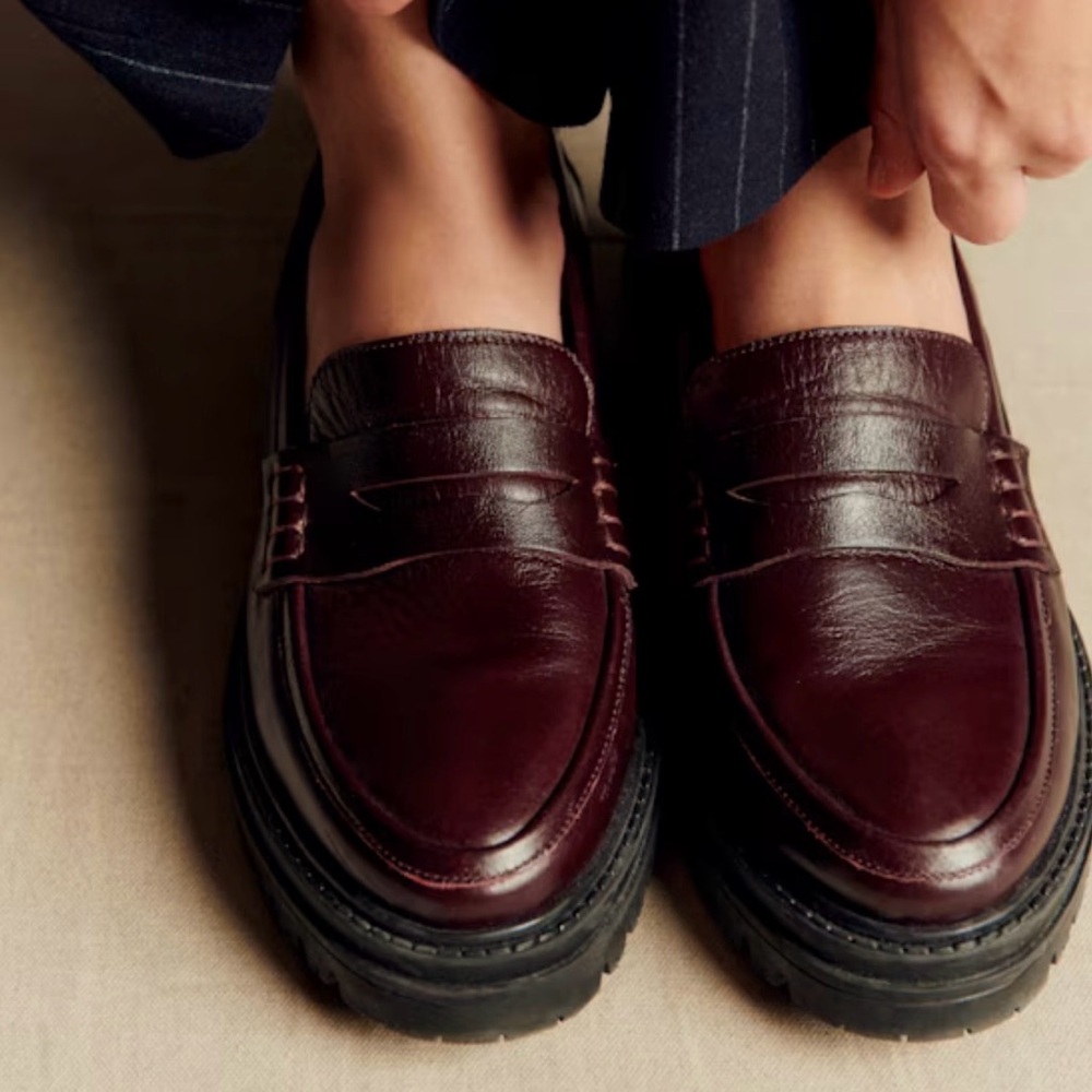 Sezane Women's Burgundy Leather Penny Loafers
